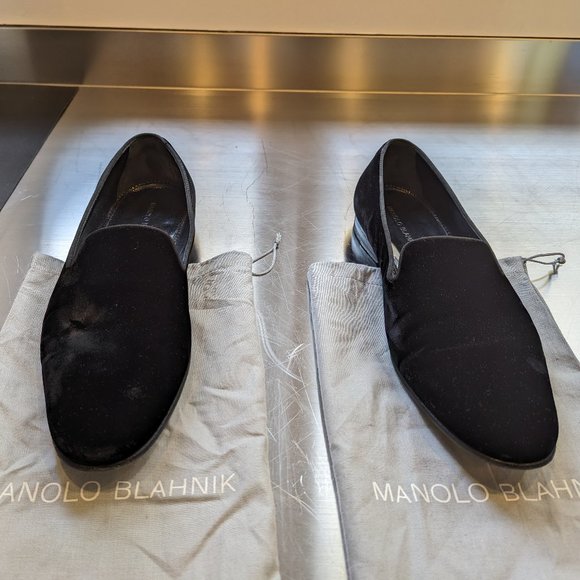 Manola Blahnik Mario Black Velvet Loafers ($845 retail, worn once, 10.5 UK) - Picture 1 of 8